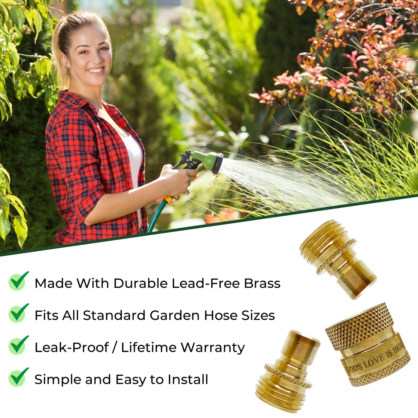 World's Best Lead-Free Brass Garden Hose Quick Connect Set - 1 Female and 2 Male Fittings for RV & Home Use