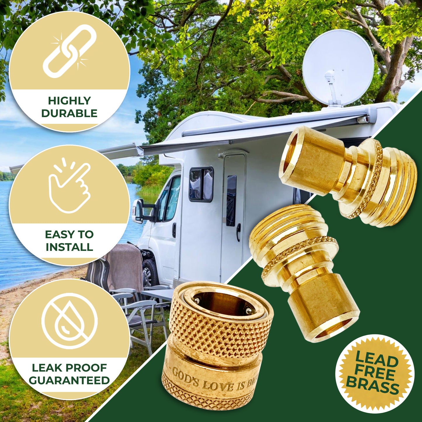 World's Best Lead-Free Brass Garden Hose Quick Connect Set - 1 Female and 2 Male Fittings for RV & Home Use