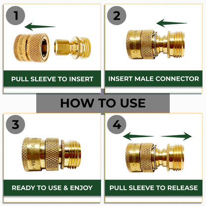 World's Best Lead-Free Brass Garden Hose Quick Connect Set - 1 Female and 2 Male Fittings for RV & Home Use